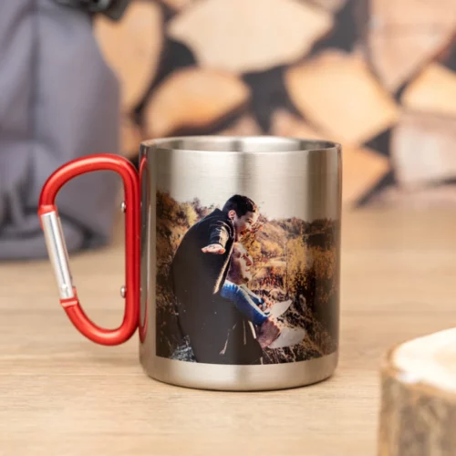 Taza acero personalizada con mosquetón