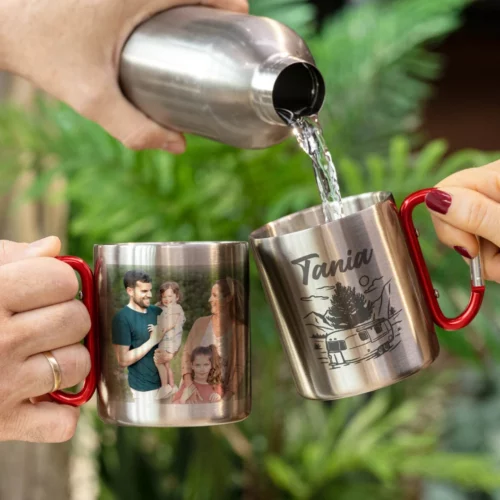 Taza acero personalizada con mosquetón