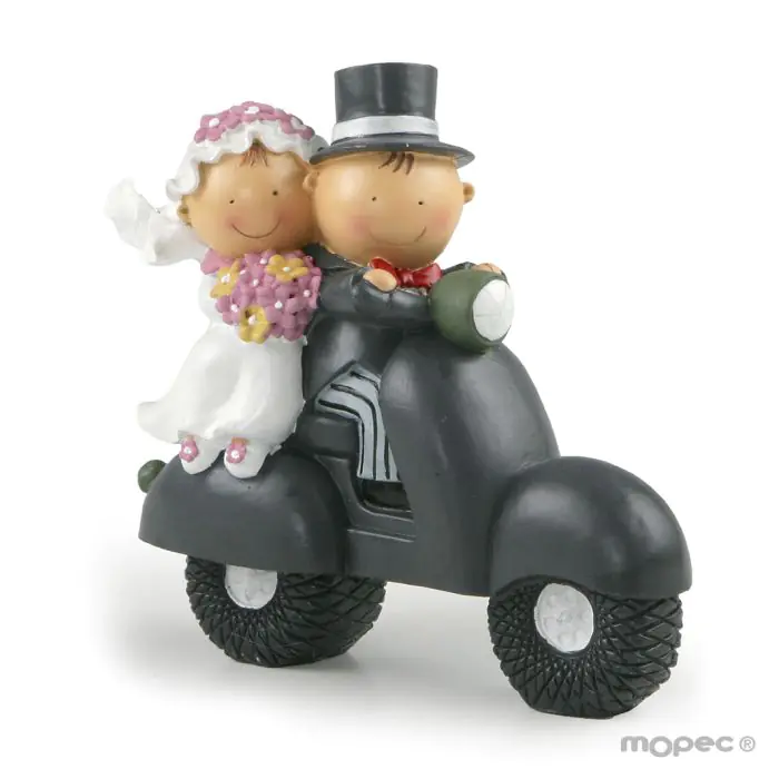 Figura-hucha para tartas novios Pit & Pita en moto