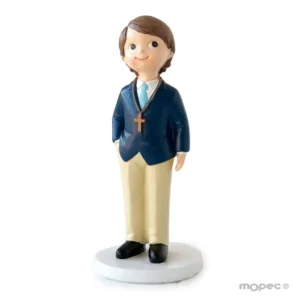Figura para tarta comunión niño con americana azul y rosario