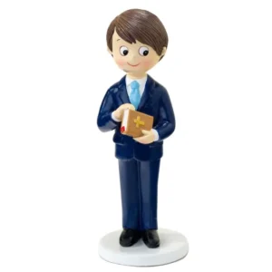 Figura para tarta de comunión niño con traje azul y biblia