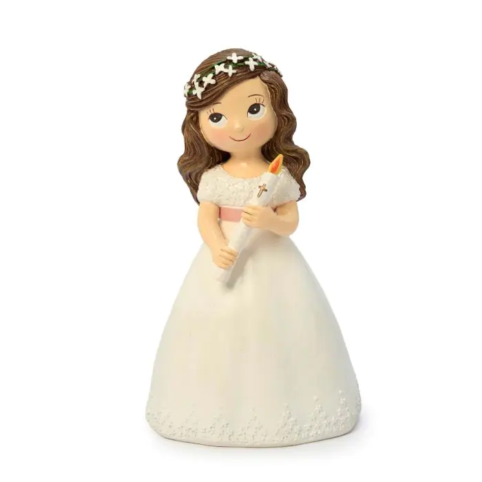 Figura pastel Comunión vestido blanco niña con cirio