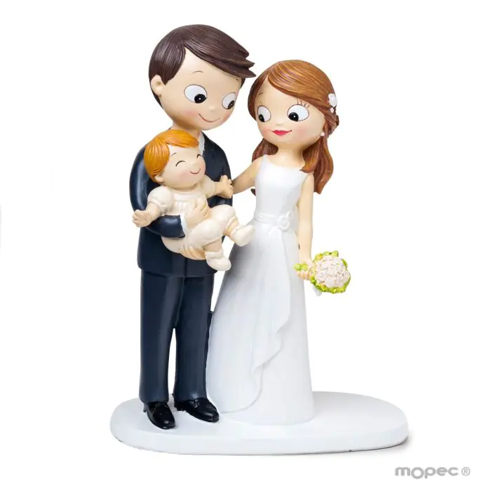 Figura de pastel Pop y Fun de novios con bebé en brazos