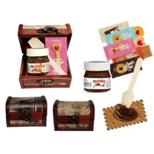 Bote mini Nutella con galleta y baúl de madera mapas