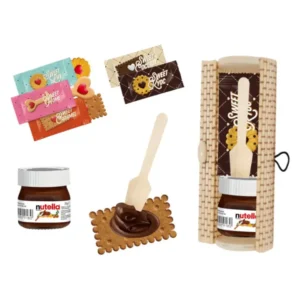 Bote mini Nutella con galleta y caja de madera
