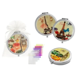 Espejo de metal redondo ciudades con bolsa de tul