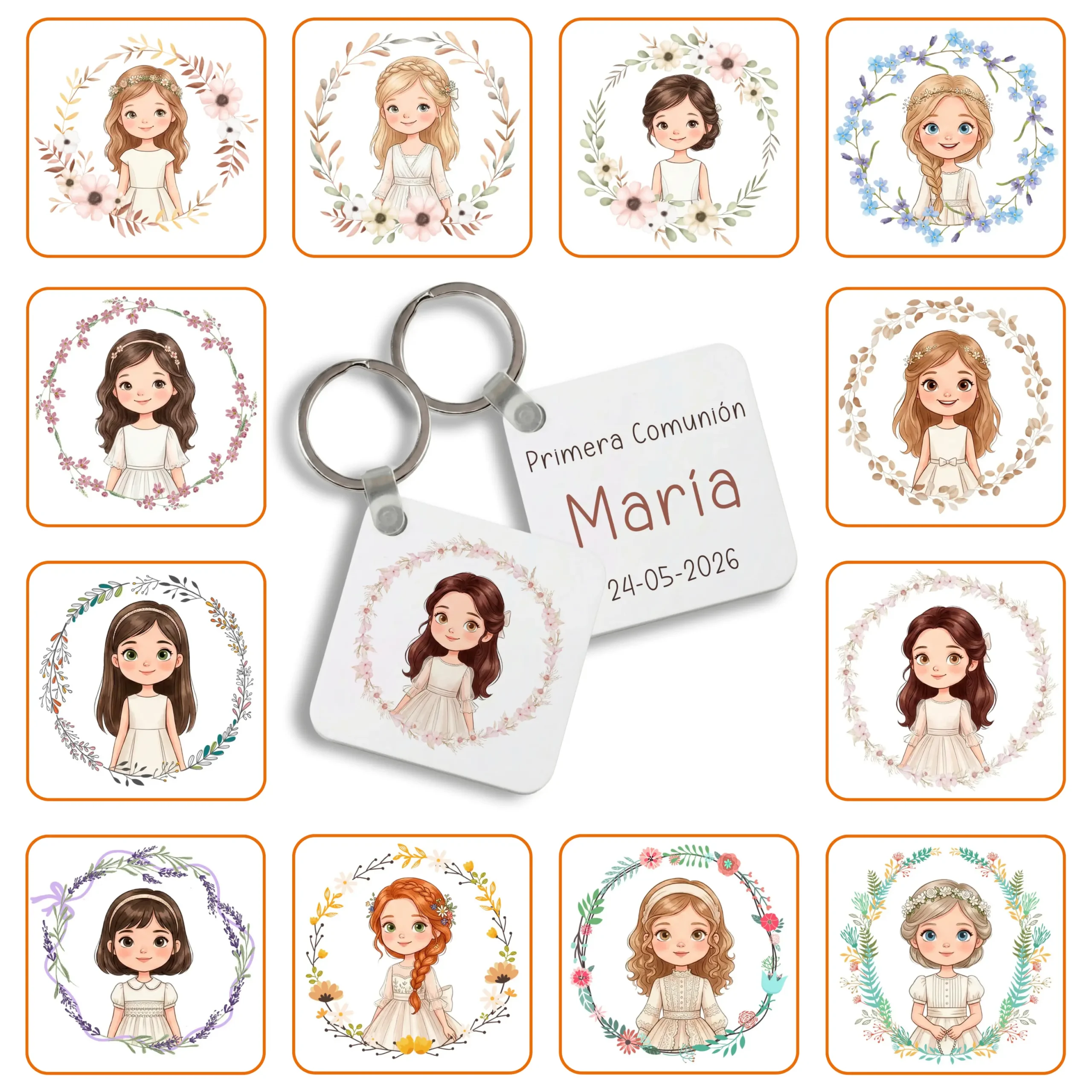 Llavero metal cuadrado personalizado Niña Comunión