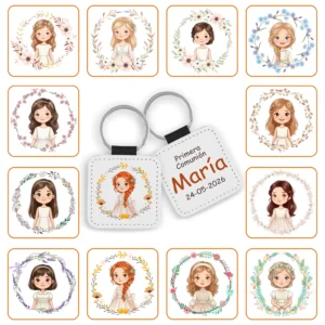 Llavero cuadrado de polipiel personalizado Niña Comunión