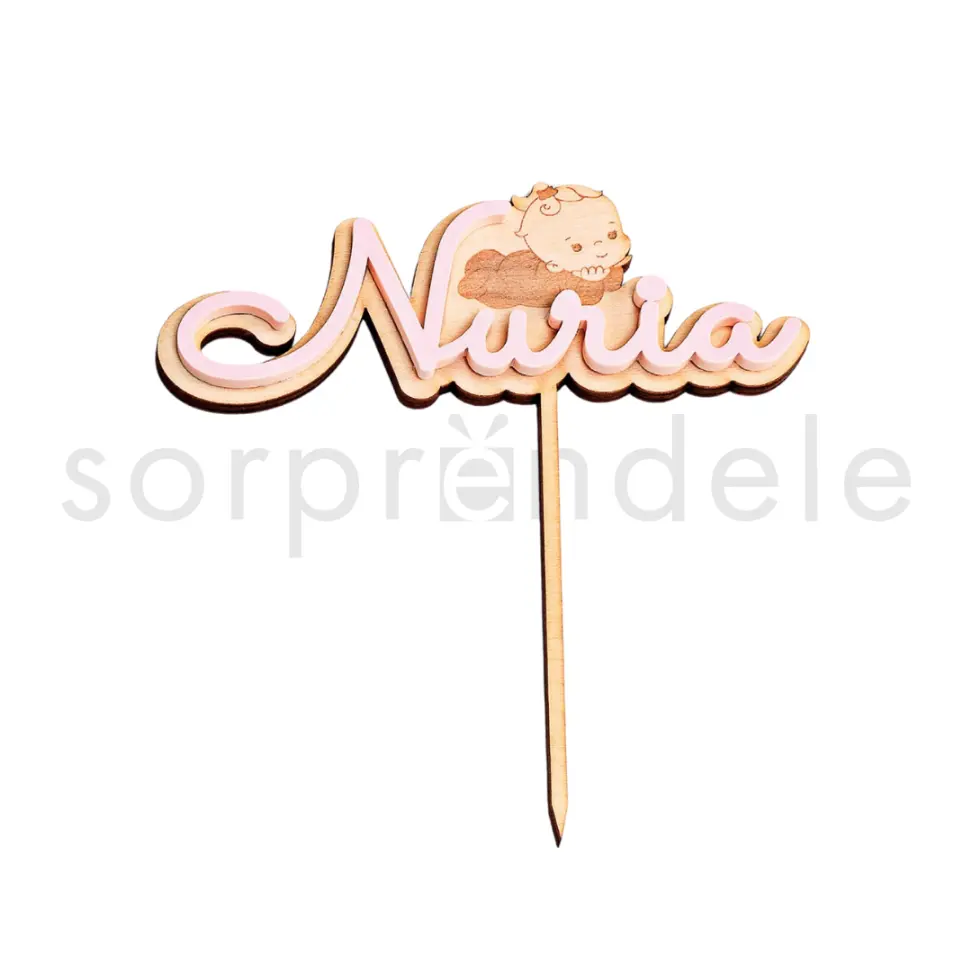 Cake Topper Bebé Madera Nombre Rosa
