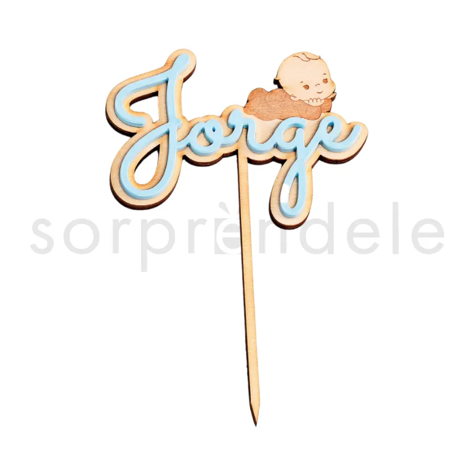 Cake Topper Bebé Madera Nombre Celeste