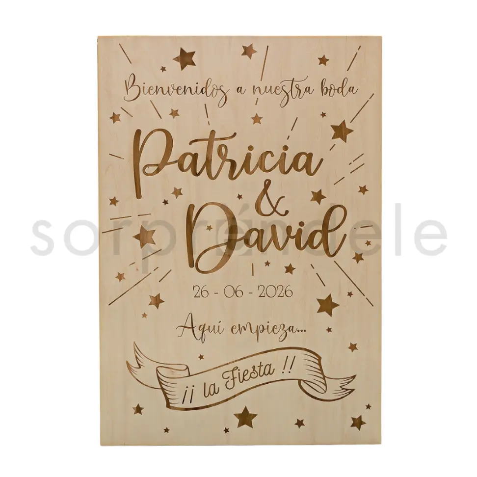 Cartel Madera Bienvenida Boda Estrellas