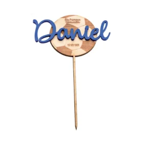 Cake Topper Balón Madera Nombre Azul Personalizado