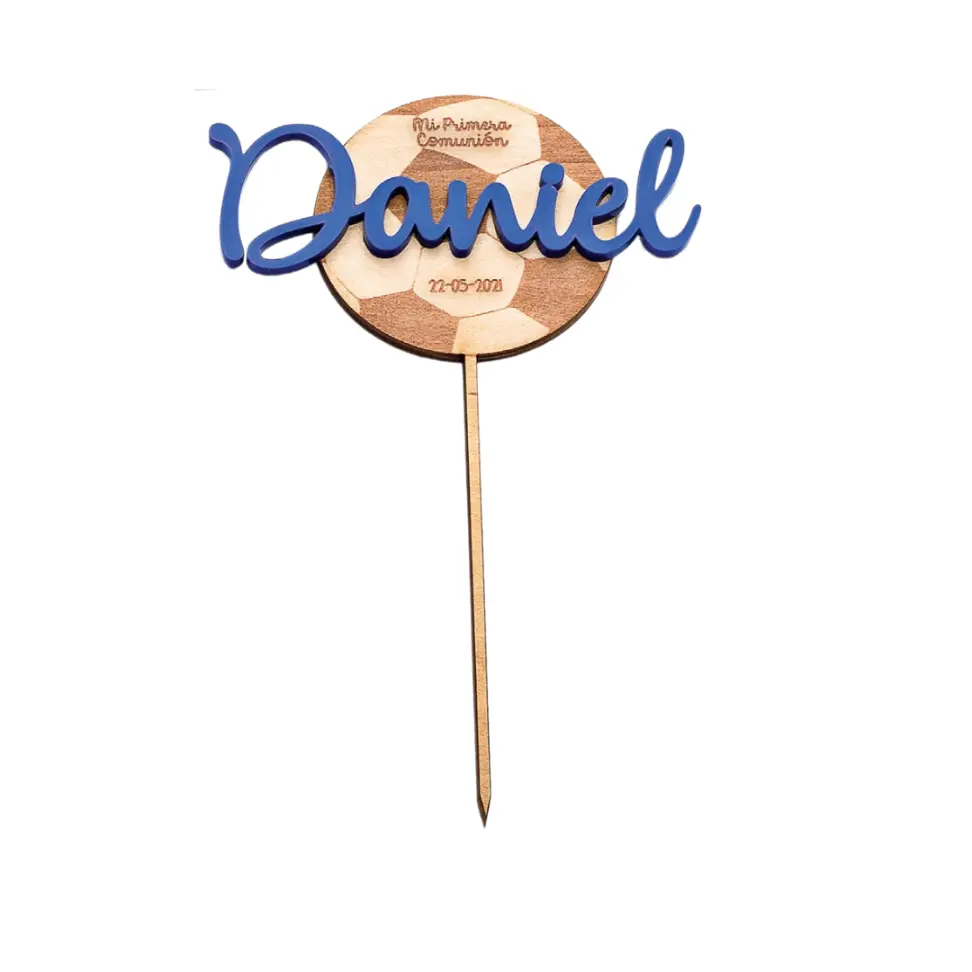 Cake Topper Balón Madera Nombre Azul Personalizado
