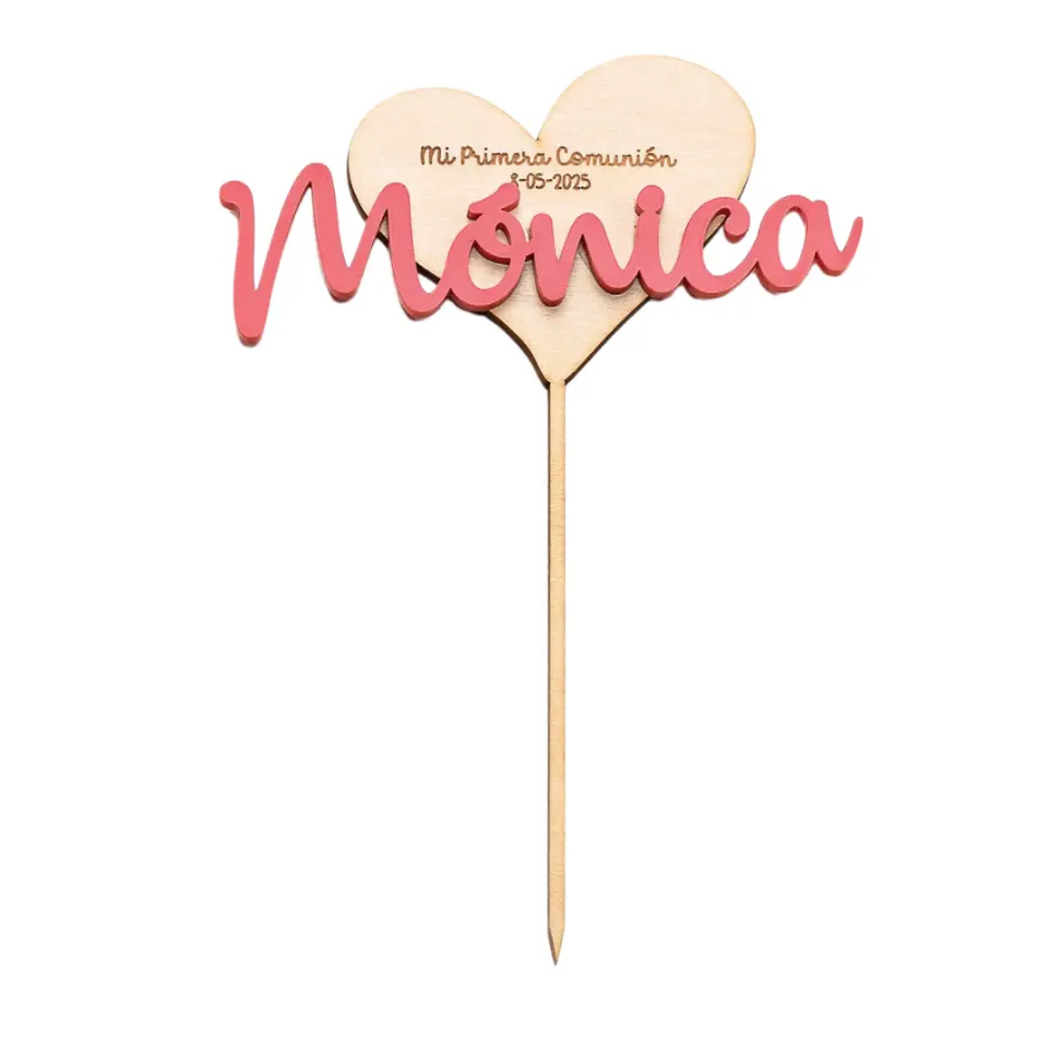 Cake Topper Corazón Madera Nombre Rosa Personalizado
