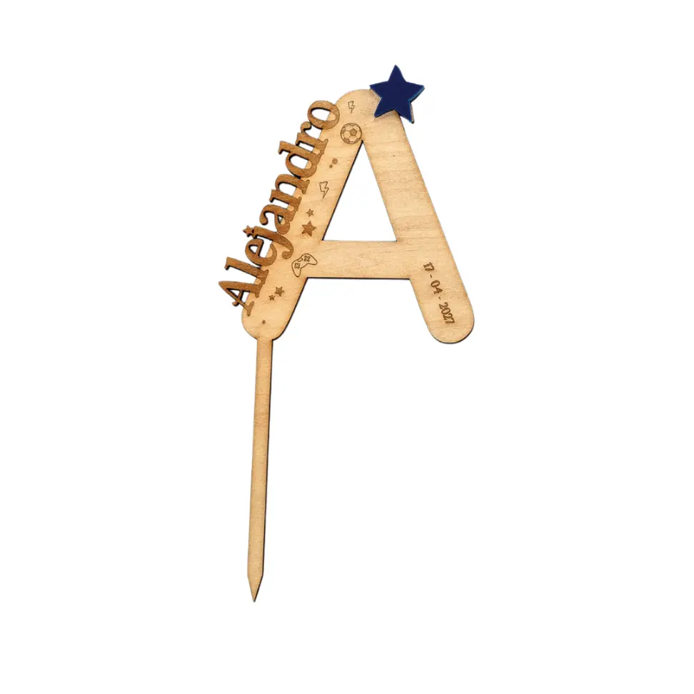 Cake Topper Inicial Nombre Madera y Azul Personalizado