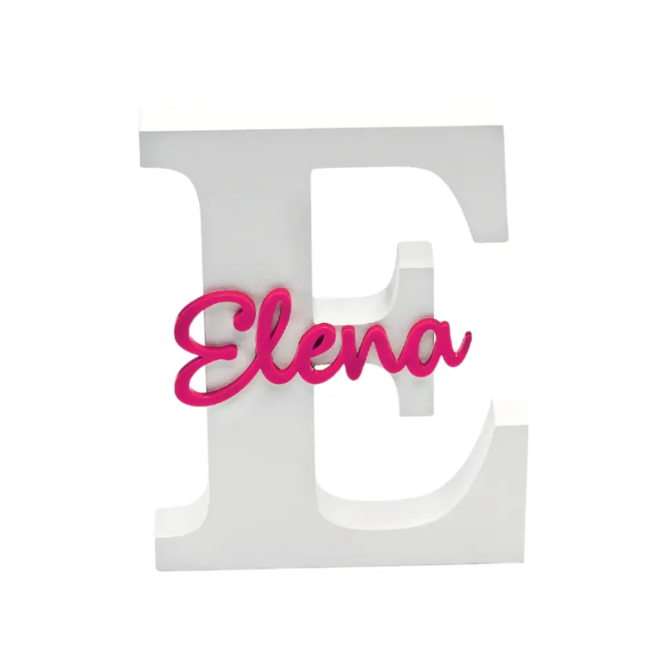 Inicial Madera Blanca con Nombre Fucsia