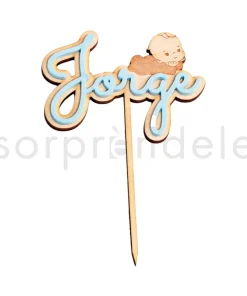 Cake Topper Bebé Madera Nombre Celeste
