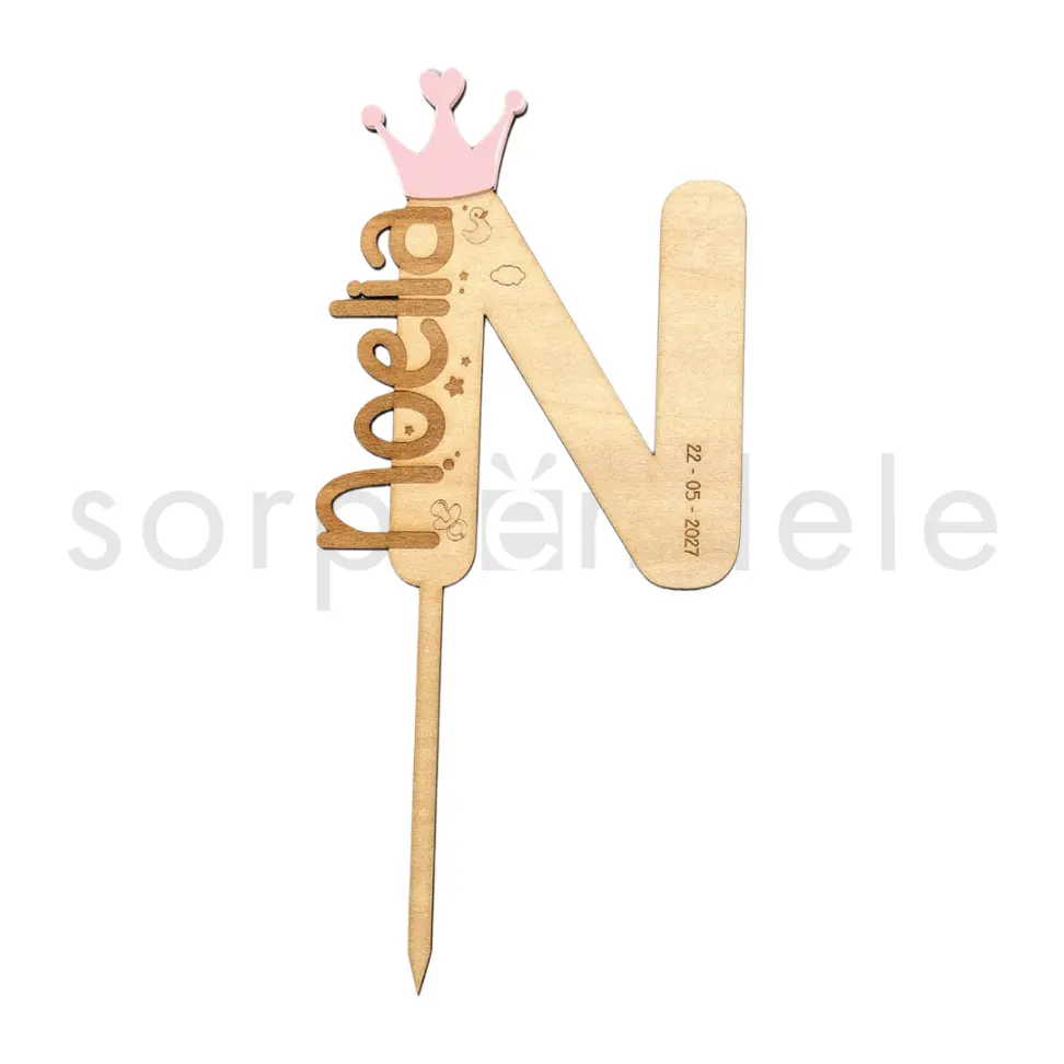 Cake Topper Inicial Nombre Bebé Madera Rosa