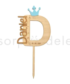 Cake Topper Inicial Nombre Bebé Madera Celeste