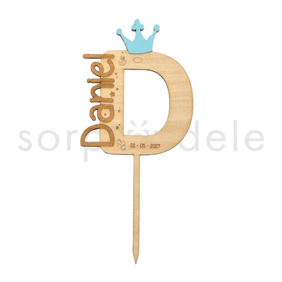Cake Topper Inicial Nombre Bebé Madera Celeste