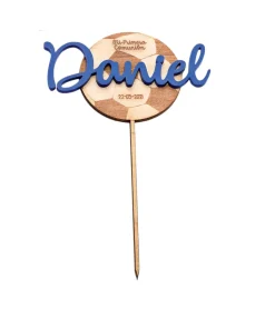 Cake Topper Balón Madera Nombre Azul Personalizado