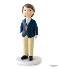 Figura para tarta comunión niño con americana azul y rosario