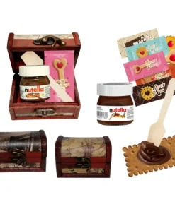 Bote mini Nutella con galleta y baúl de madera mapas