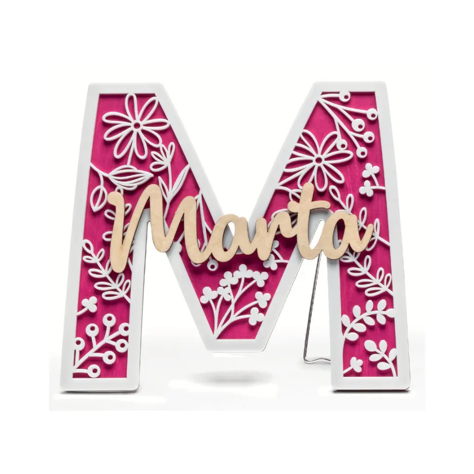 Inicial Madera Fucsia y Metacrilato Blanco con Soporte