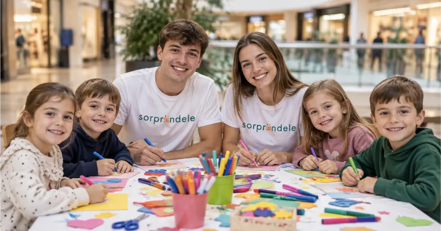 Monitores de Sorpréndele realizando un taller de manualidades con niños