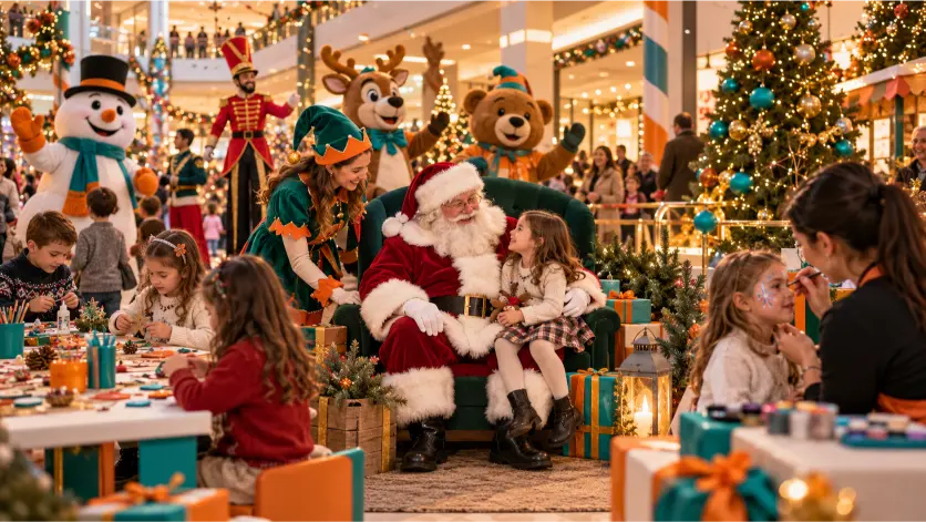 Evento familiar de Navidad con Papá Noel, duendes y actividades infantiles en un centro comercial