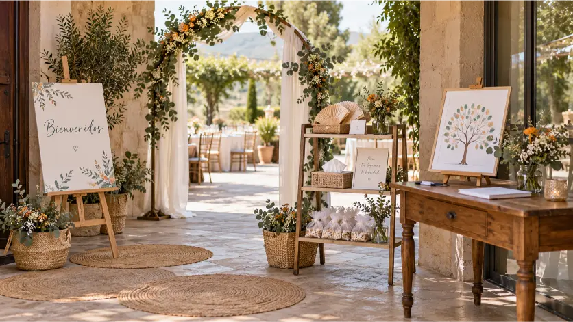 Decoración de boda en alquiler con arco, atril de bienvenida, mesa de firmas y rincones decorativos